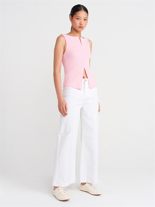 Wholesale Womens Powder Pink Sleeveless Top with Two-Way Zipper