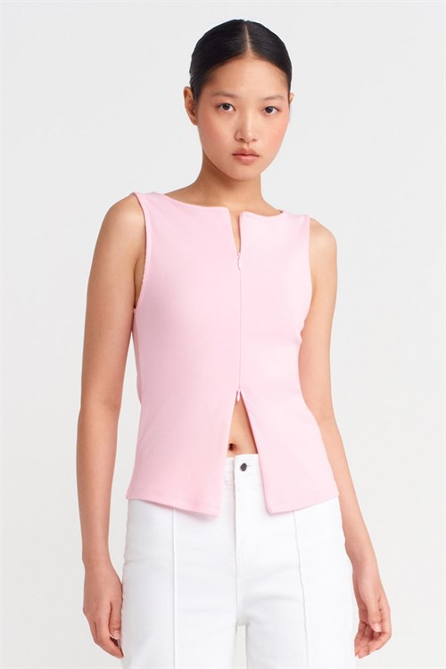 Wholesale Womens Powder Pink Sleeveless Top with Two-Way Zipper