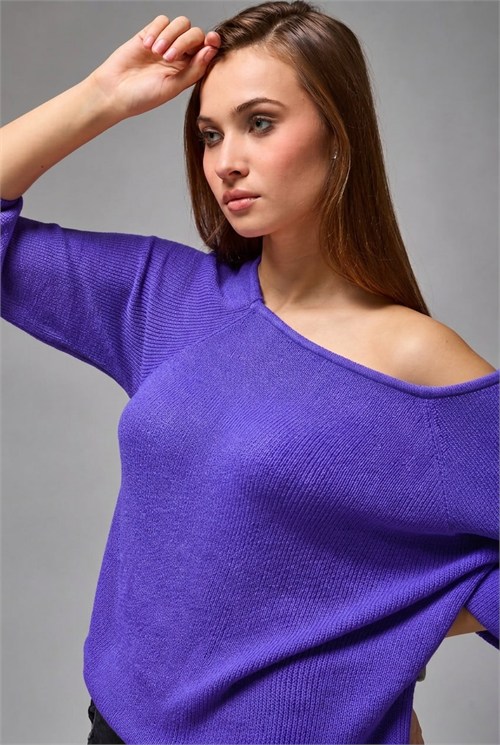 Wholesale Womens Purple Boat-Neck Mercerized Knit Sweater with Raglan Sleeves