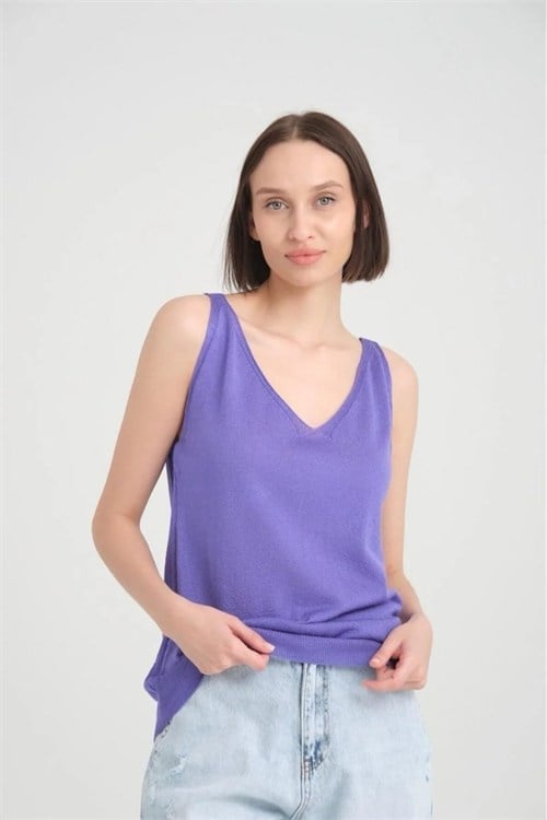 Wholesale Womens Purple Mercerized Knit Top with Front and Back V-Neck