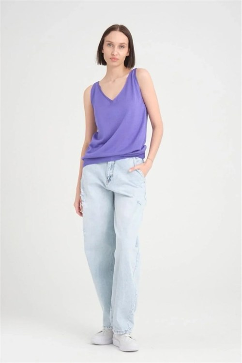 Wholesale Womens Purple Mercerized Knit Top with Front and Back V-Neck