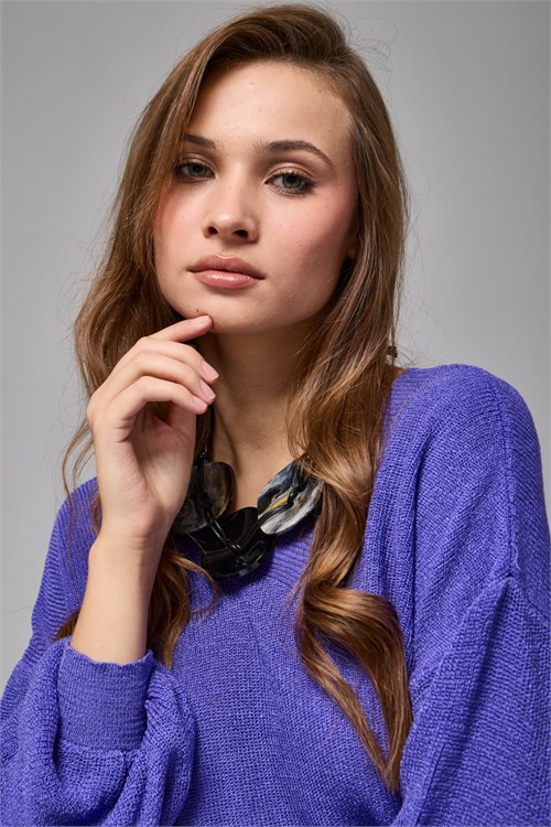 Wholesale Womens Purple Relaxed-Fit Mercerized Knit Sweater with Front and Back V-Neck