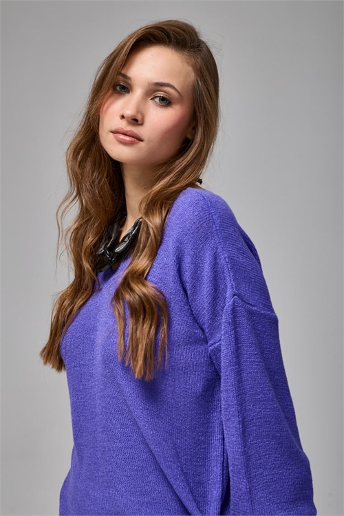 Wholesale Womens Purple Relaxed-Fit Mercerized Knit Sweater with Front and Back V-Neck