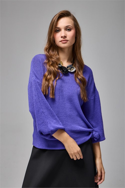 Wholesale Womens Purple Relaxed-Fit Mercerized Knit Sweater with Front and Back V-Neck