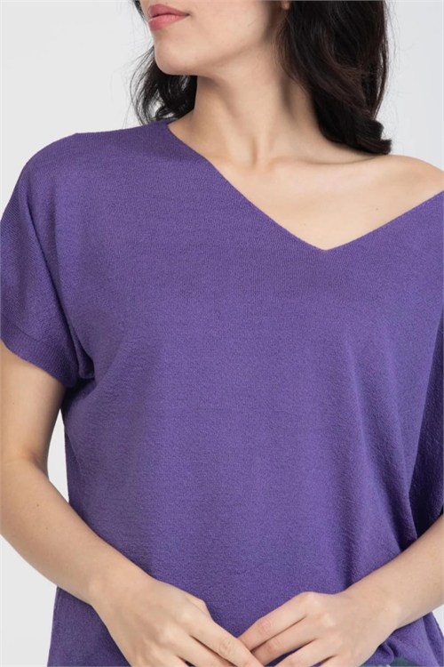 Wholesale Womens Purple V-Neck Mercerized Knit Sweater with Short Sleeves