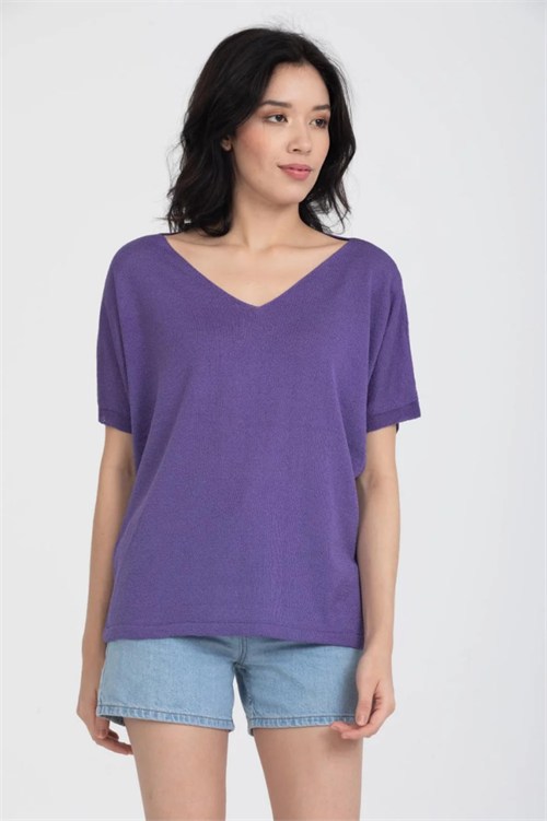 Wholesale Womens Purple V-Neck Mercerized Knit Sweater with Short Sleeves