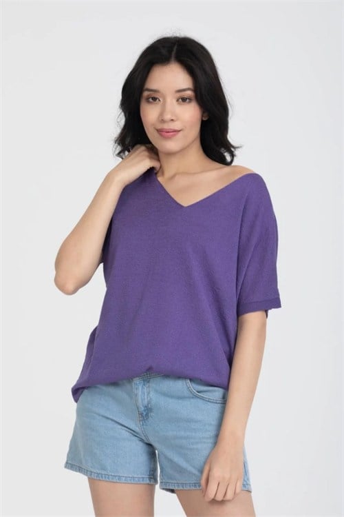 Wholesale Womens Purple V-Neck Mercerized Knit Sweater with Short Sleeves