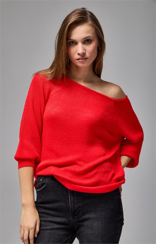 Wholesale Womens Red Boat-Neck Mercerized Knit Sweater with Raglan Sleeves