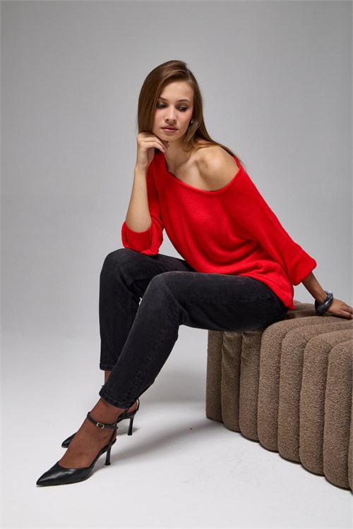 Wholesale Womens Red Boat-Neck Mercerized Knit Sweater with Raglan Sleeves