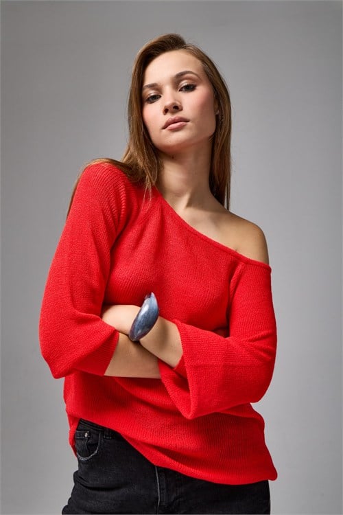 Wholesale Womens Red Boat-Neck Mercerized Knit Sweater with Raglan Sleeves
