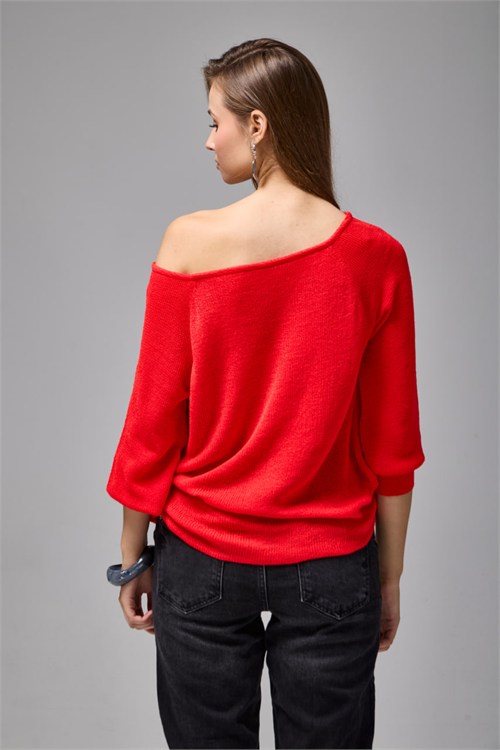 Wholesale Womens Red Boat-Neck Mercerized Knit Sweater with Raglan Sleeves