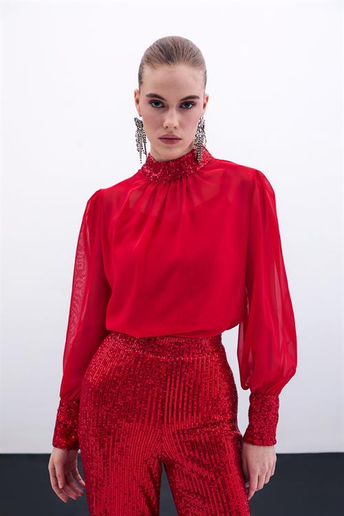 Wholesale Womens Red Chiffon Blouse with Sequin-Embellished Collar and Cuffs