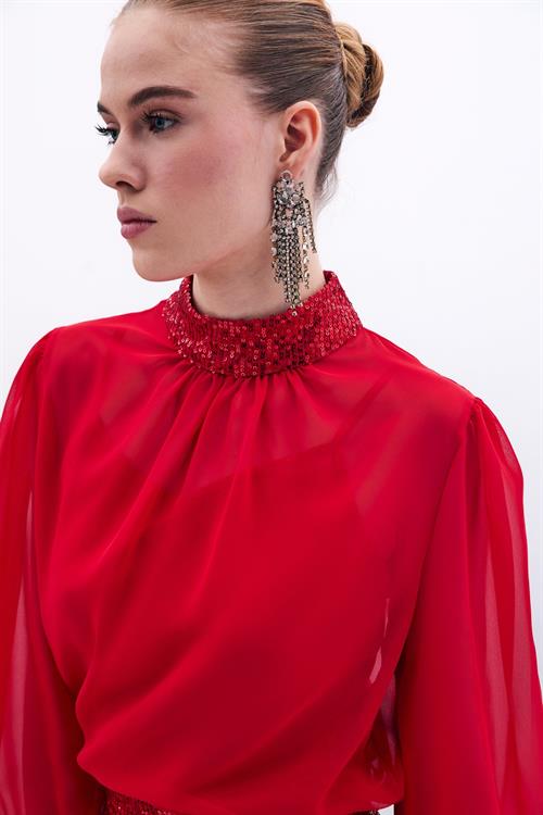 Wholesale Womens Red Chiffon Blouse with Sequin-Embellished Collar and Cuffs