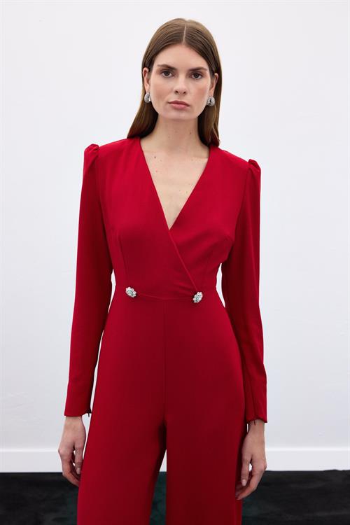 Wholesale Womens Red Crepe Jumpsuit with Rhinestone Accessories