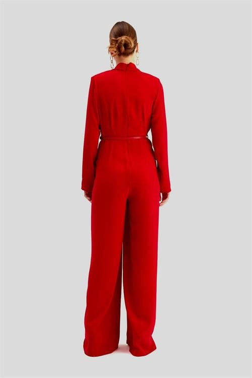 Wholesale Womens Red Crepe Jumpsuit with Belt