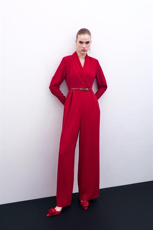 Wholesale Womens Red Crepe Jumpsuit with Belt