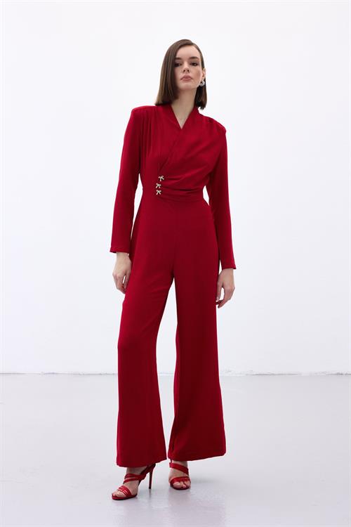 Wholesale Womens Red Crepe Jumpsuit with Bow Accessory