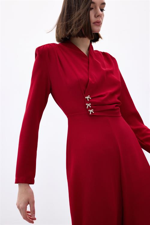 Wholesale Womens Red Crepe Jumpsuit with Bow Accessory