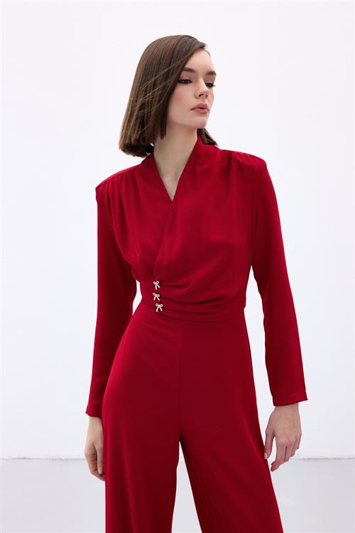 Wholesale Womens Red Crepe Jumpsuit with Bow Accessory