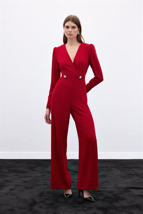 Wholesale Womens Red Crepe Jumpsuit with Rhinestone Accessories