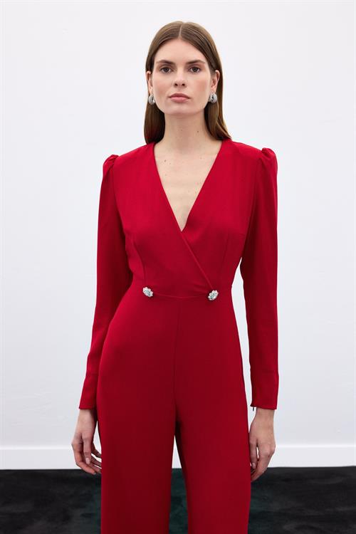 Wholesale Womens Red Crepe Jumpsuit with Rhinestone Accessories
