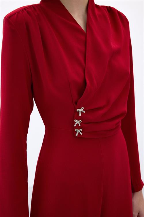 Wholesale Womens Red Crepe Jumpsuit with Bow Accessory