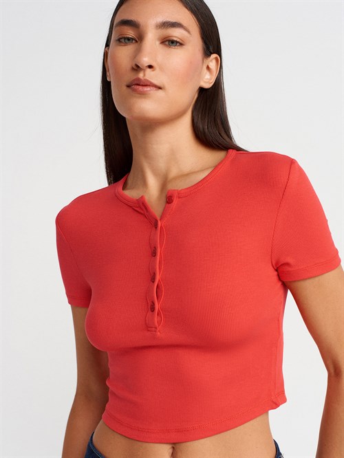 Wholesale Womens Red Crop T-Shirt with Button-Up Half Placket