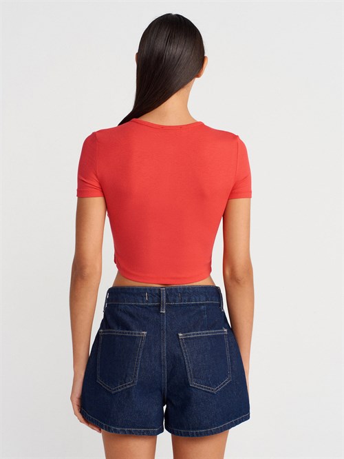 Wholesale Womens Red Crop T-Shirt with Button-Up Half Placket