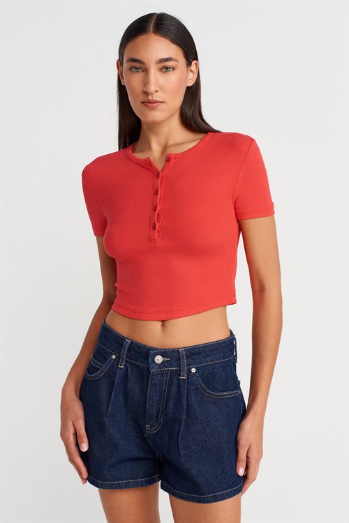 Wholesale Womens Red Crop T-Shirt with Button-Up Half Placket