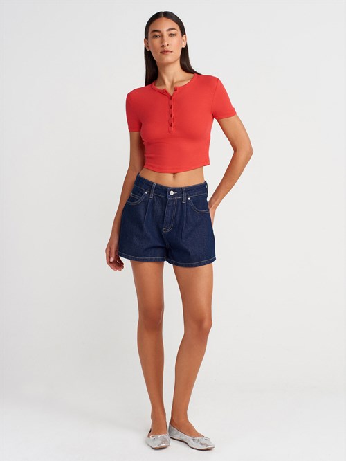 Wholesale Womens Red Crop T-Shirt with Button-Up Half Placket