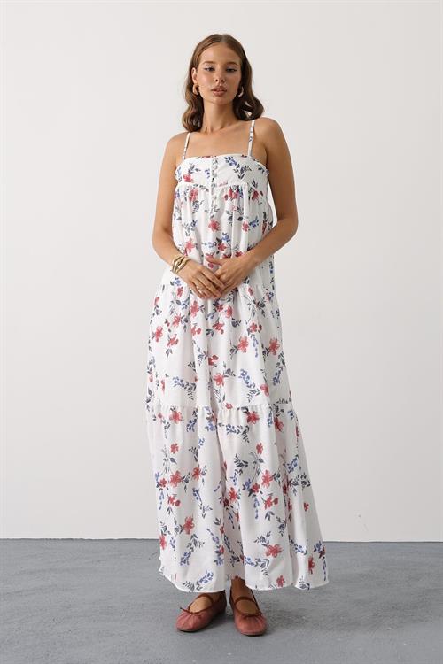 Wholesale Womens Red Floral Empire-Waist Tiered Maxi Sundress