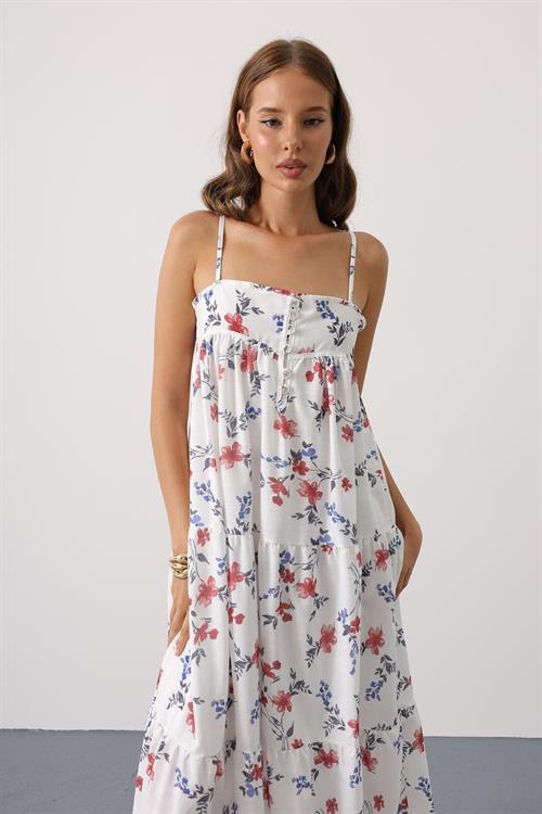 Wholesale Womens Red Floral Empire-Waist Tiered Maxi Sundress