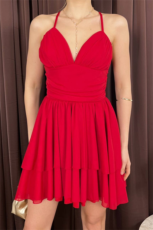 Wholesale Womens Red Layered Mini Dress with Crisscross Back