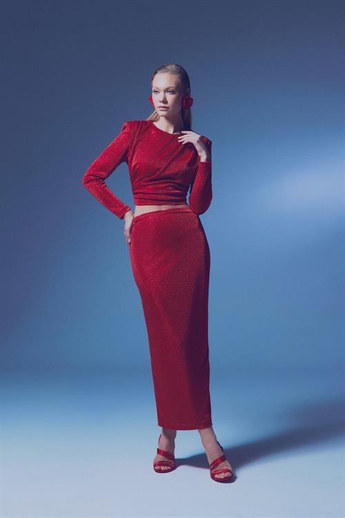 Wholesale Womens Red Lurex Maxi Skirt