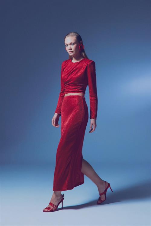 Wholesale Womens Red Lurex Maxi Skirt