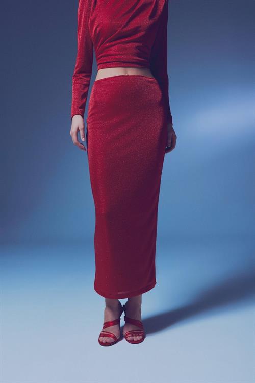 Wholesale Womens Red Lurex Maxi Skirt