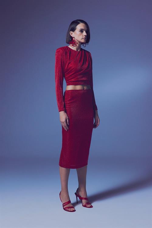 Wholesale Womens Red Lurex Midi Pencil Skirt