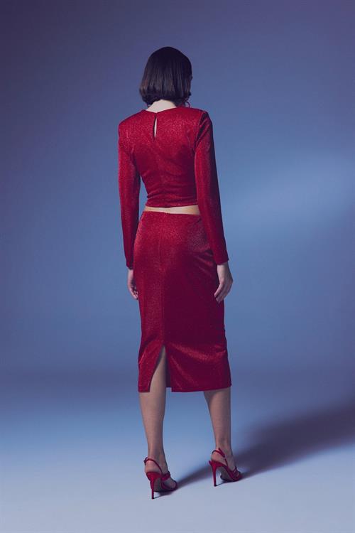 Wholesale Womens Red Lurex Midi Pencil Skirt