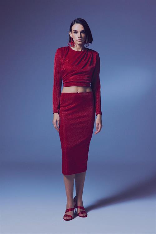 Wholesale Womens Red Lurex Midi Pencil Skirt
