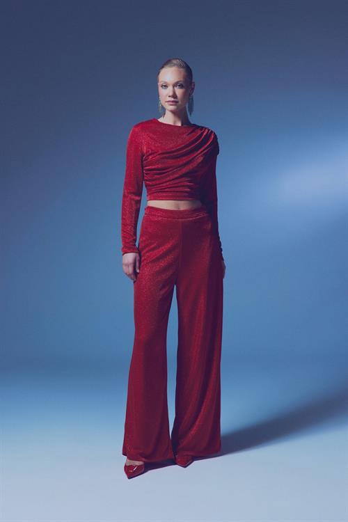 Wholesale Womens Red Lurex Wide-Leg Trousers
