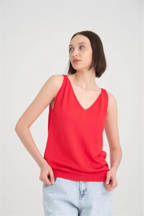 Wholesale Womens Red Mercerized Knit Top with Front and Back V-Neck
