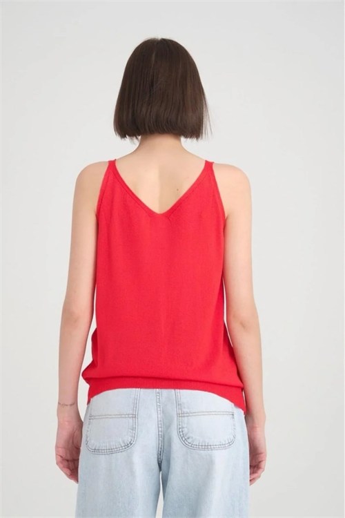 Wholesale Womens Red Mercerized Knit Top with Front and Back V-Neck
