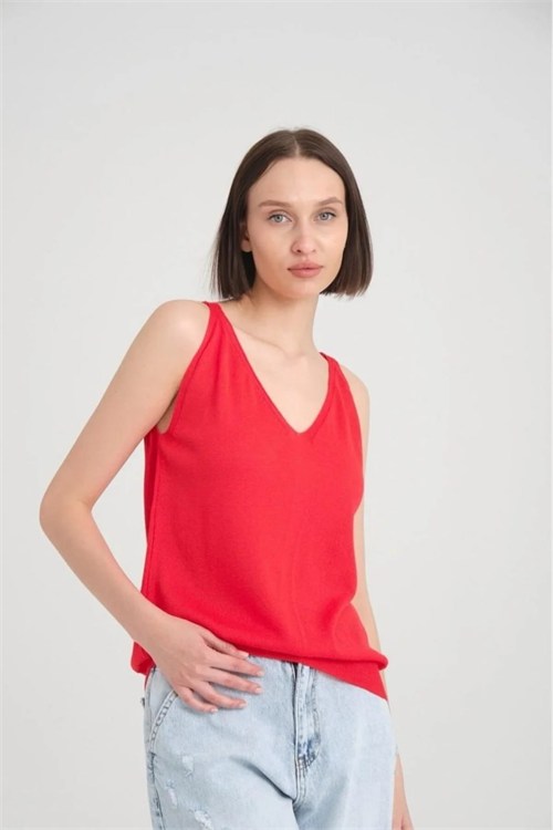 Wholesale Womens Red Mercerized Knit Top with Front and Back V-Neck