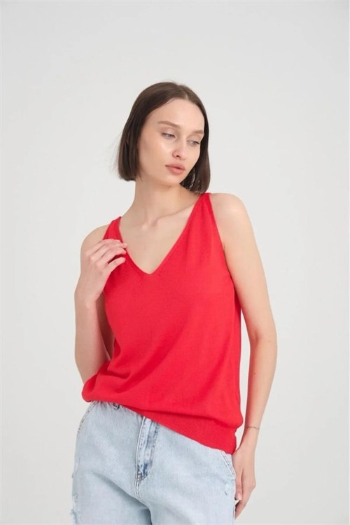 Wholesale Womens Red Mercerized Knit Top with Front and Back V-Neck