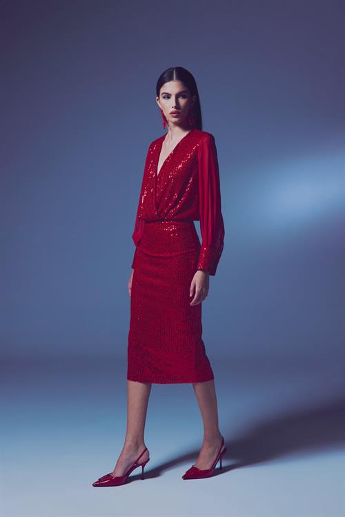 Wholesale Womens Red Midi-Length Sequined Pencil Skirt