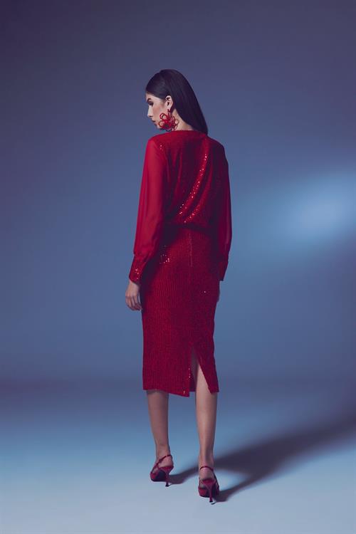 Wholesale Womens Red Midi-Length Sequined Pencil Skirt