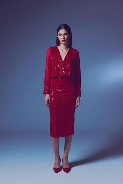 Wholesale Womens Red Midi-Length Sequined Pencil Skirt