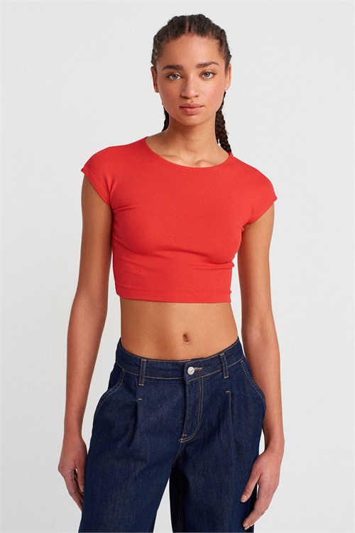 Wholesale Womens Red Modal-Cotton Cropped T-Shirt