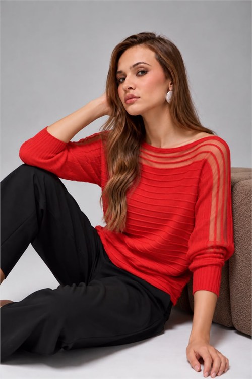 Wholesale Womens Red Pleated-Texture Mercerized Knit Sweater with Sheer Yoke