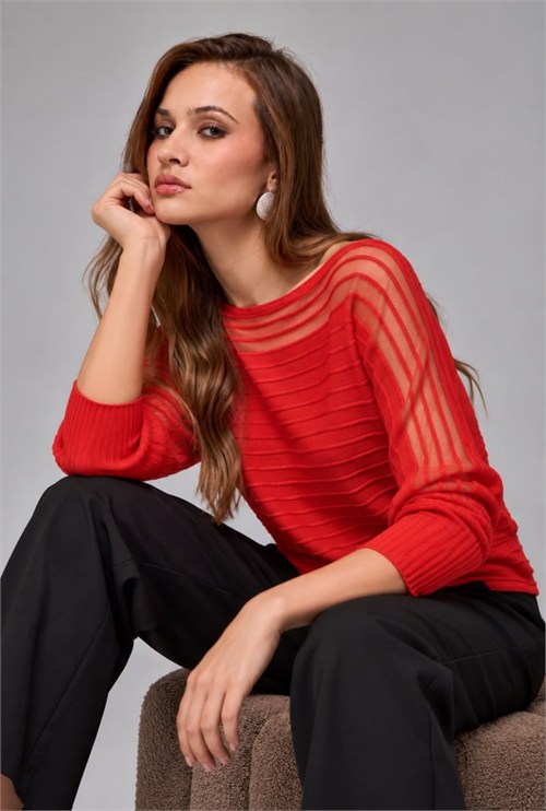 Wholesale Womens Red Pleated-Texture Mercerized Knit Sweater with Sheer Yoke